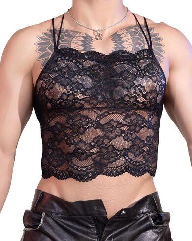 قميص داخلي رجالي من الدانتيل Sissy Lace قميص قصير مكشكش شفاف مزين بالزهور ملابس داخلية شفافة شفافة من خلال القميص الداخلي in Kuwait
