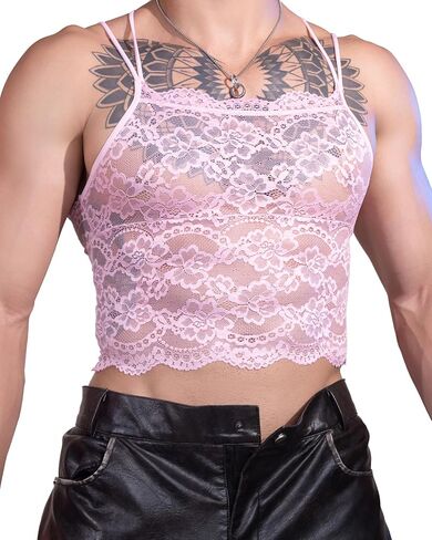 قميص داخلي رجالي من الدانتيل Sissy Lace قميص قصير مكشكش شفاف مزين بالزهور ملابس داخلية شفافة شفافة من خلال القميص الداخلي in Kuwait