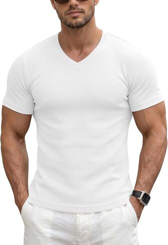 Men's Muscle V Neck T Shirts Short Sleeve Casual Tee Basic Ribbed Undershirts in Saudi Arabia