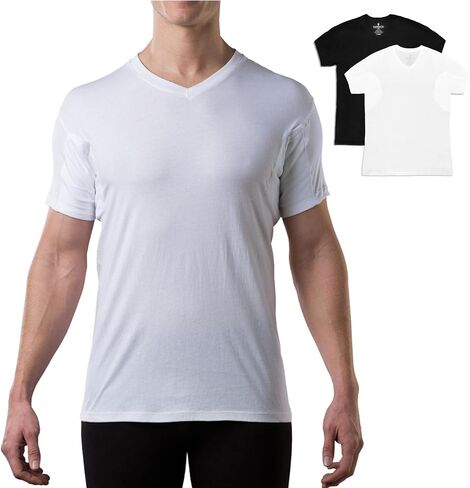 Men's Sweatproof Undershirt | Cotton V Neck | Original Fit | with Sweat Pads | White and Black Bundle | Large in Kuwait