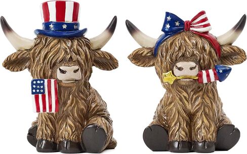 Valery Madelyn 4th of July Highland Cow Decorations, Memorial Day Decoration for Home Decor, Medium 2Pcs Patriotic High Mountain Yak Figurines USA 250th Anniversary Decorations, Independence Day in Kuwait