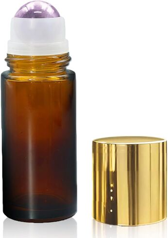Rose Quartz Roller Bottles for Essential Oils, 50ml Refillable Amber Glass Roll On Bottles with Natural Crystal Roller Balls, Leak-Proof Travel Perfume Bottle with Gold Caps in Saudi Arabia