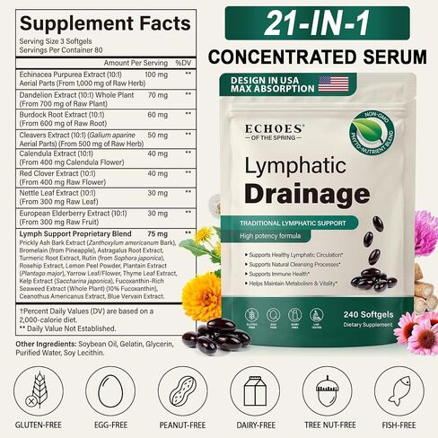 Lymphatic Drainage Supplements, 240 Softgels, 21-in-1 Herbal Blend with Echinacea, Dandelion & Burdock Root, Lymph System Support Supplement for Women & Men, Daily Wellness Support in Saudi Arabia
