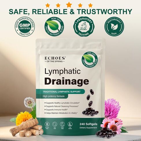 Lymphatic Drainage Supplements, 240 Softgels, 21-in-1 Herbal Blend with Echinacea, Dandelion & Burdock Root, Lymph System Support Supplement for Women & Men, Daily Wellness Support in Saudi Arabia