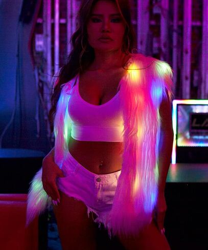Womens LED Light Faux Fur Jacket Gilets Luminous Rave Stage Show Vest Halloween Xmas Dress Up Fancy dress in Saudi Arabia