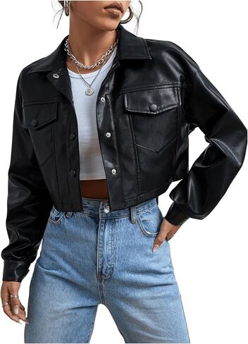 GORGLITTER Women's Cropped Leather Jacket Trendy Long Sleeve Button Down Moto Biker Jacket Fashion Coat Outerwear in Kuwait