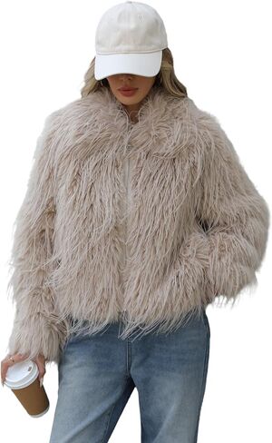 RISISSIDA Women Trendy Shaggy Faux Fur Jacket, Long Sleeve Cropped Style, Fashion Winter Fall Plush Outerwear in Saudi Arabia
