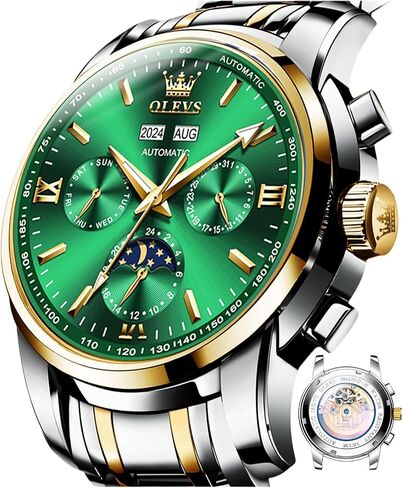 OLEVS Mens Automatic Watches Green Mechanical Watches for Men No Battery Date Waterproof Self Winding Watch Mens Luxury Moon Phase Man Wristwatch Stainless Steel Diver Reloje Hombre Calendar in Saudi Arabia