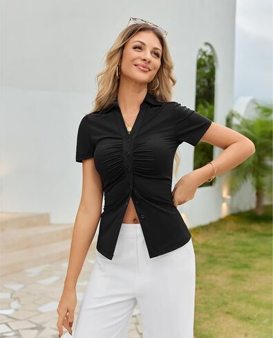 Gleeivy Short Sleeve Button Up Women Y2k Ruched Tops with Collared Fitted Button Down Shirts for Women 2026 Summer Fashion in Saudi Arabia