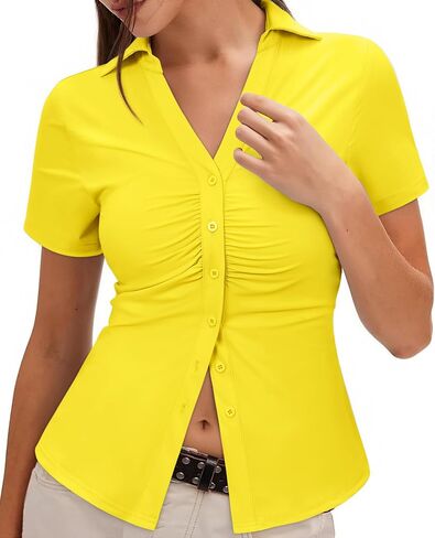 Gleeivy Short Sleeve Button Up Women Y2k Ruched Tops with Collared Fitted Button Down Shirts for Women 2026 Summer Fashion in Saudi Arabia