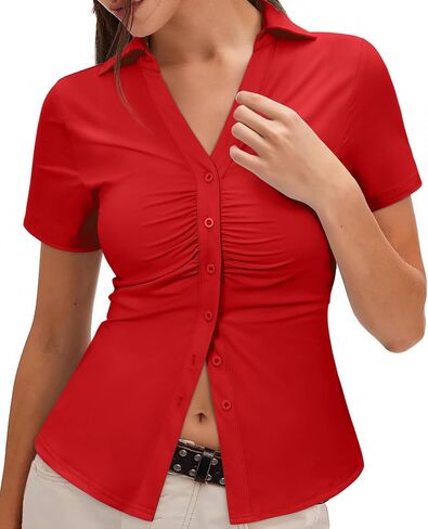 Gleeivy Short Sleeve Button Up Women Y2k Ruched Tops with Collared Fitted Button Down Shirts for Women 2026 Summer Fashion in Saudi Arabia