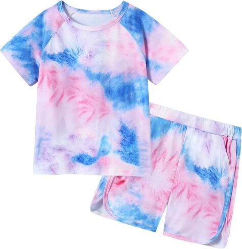 DISAUR Girls Summer Outfits 2 Piece Matching Sets Tie Dye T Shirt and Shorts Set with Pockets for Girls 4-10 Years in Kuwait