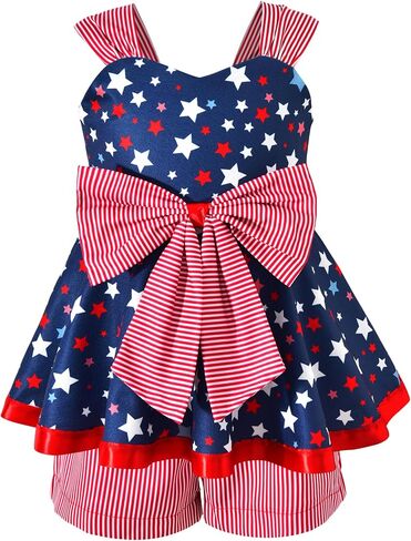 HINTINA Toddler Girl 2-Piece 4th of July Outfit Tie Back Star Print Bow Dress Stripe Shorts Set in Kuwait
