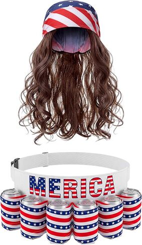 Canlierr 2 Pcs 4th of July Beer Belt and Funny Mullet Wig Patriotic America Beverage USA Gift Beer Costume for 250th in Kuwait