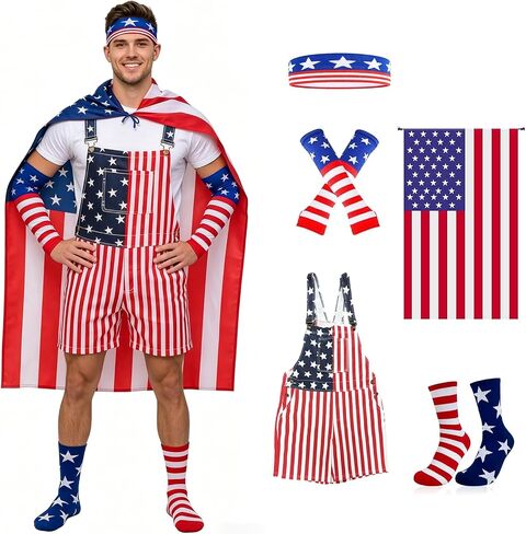 American Flag Overalls Men - 4th of July Outfits USA Cape Patriotic Headband Oversleeves Socks for Independence Day in Saudi Arabia