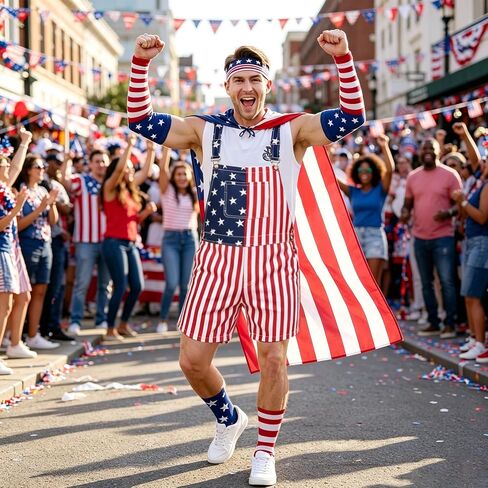 American Flag Overalls Men - 4th of July Outfits USA Cape Patriotic Headband Oversleeves Socks for Independence Day in Saudi Arabia