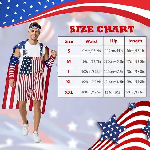 American Flag Overalls Men - 4th of July Outfits USA Cape Patriotic Headband Oversleeves Socks for Independence Day in Saudi Arabia