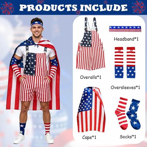 American Flag Overalls Men - 4th of July Outfits USA Cape Patriotic Headband Oversleeves Socks for Independence Day in Saudi Arabia