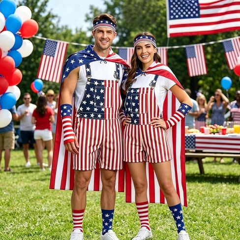 American Flag Overalls Men - 4th of July Outfits USA Cape Patriotic Headband Oversleeves Socks for Independence Day in Saudi Arabia