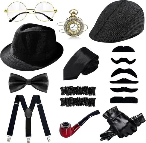 1920s Mens Costume Accessories Vintage Pocket Watch Manhattan Fedora Hats Ties Armbands Roaring 20s Costumes Harlem Nights Outfits Gangster Accessories for Gatsby Party Black in Kuwait
