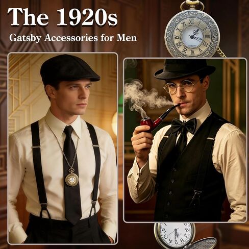 1920s Mens Costume Accessories Vintage Pocket Watch Manhattan Fedora Hats Ties Armbands Roaring 20s Costumes Harlem Nights Outfits Gangster Accessories for Gatsby Party Black in Kuwait