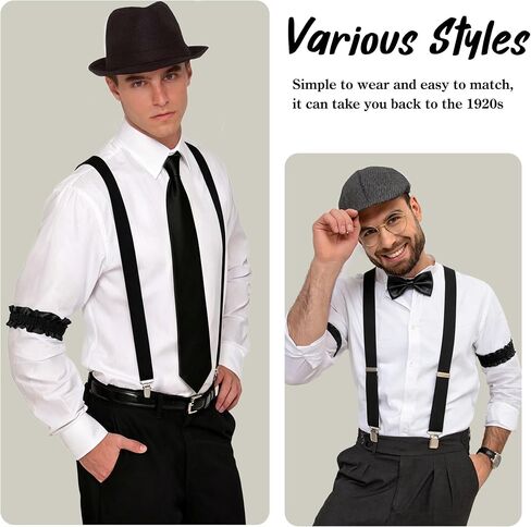 1920s Mens Costume Accessories Vintage Pocket Watch Manhattan Fedora Hats Ties Armbands Roaring 20s Costumes Harlem Nights Outfits Gangster Accessories for Gatsby Party Black in Kuwait