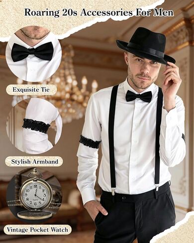 1920s Mens Costume Accessories Vintage Pocket Watch Manhattan Fedora Hats Ties Armbands Roaring 20s Costumes Harlem Nights Outfits Gangster Accessories for Gatsby Party Black in Kuwait