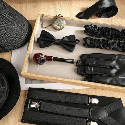 1920s Mens Costume Accessories Vintage Pocket Watch Manhattan Fedora Hats Ties Armbands Roaring 20s Costumes Harlem Nights Outfits Gangster Accessories for Gatsby Party Black in Kuwait