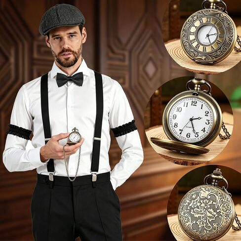 1920s Mens Costume Accessories Vintage Pocket Watch Manhattan Fedora Hats Ties Armbands Roaring 20s Costumes Harlem Nights Outfits Gangster Accessories for Gatsby Party Black in Kuwait