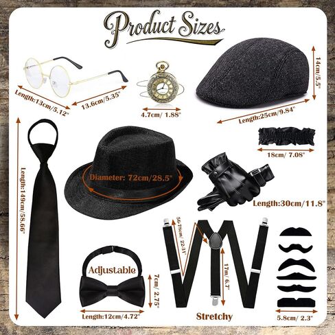 1920s Mens Costume Accessories Vintage Pocket Watch Manhattan Fedora Hats Ties Armbands Roaring 20s Costumes Harlem Nights Outfits Gangster Accessories for Gatsby Party Black in Kuwait