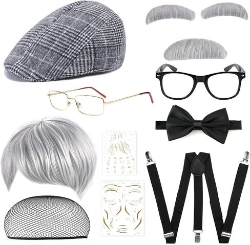 MEDOJO Old Man Costume Accessories Set for Men Adult Halloween Cosplay with Wig Hat Suspenders Bow Tie Glasses Eyebrow Mustache Badge Tattoo Sticker in Kuwait
