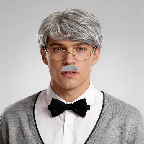 MEDOJO Old Man Costume Accessories Set for Men Adult Halloween Cosplay with Wig Hat Suspenders Bow Tie Glasses Eyebrow Mustache Badge Tattoo Sticker in Kuwait