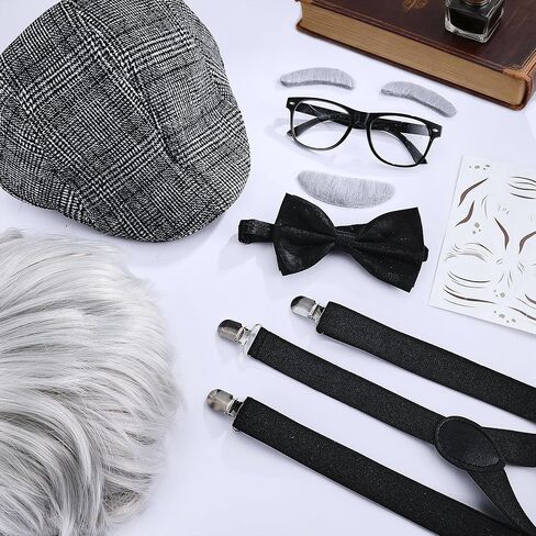 MEDOJO Old Man Costume Accessories Set for Men Adult Halloween Cosplay with Wig Hat Suspenders Bow Tie Glasses Eyebrow Mustache Badge Tattoo Sticker in Kuwait