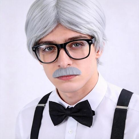 MEDOJO Old Man Costume Accessories Set for Men Adult Halloween Cosplay with Wig Hat Suspenders Bow Tie Glasses Eyebrow Mustache Badge Tattoo Sticker in Kuwait
