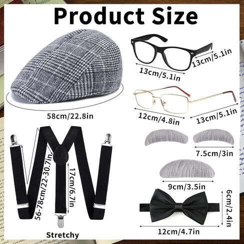 MEDOJO Old Man Costume Accessories Set for Men Adult Halloween Cosplay with Wig Hat Suspenders Bow Tie Glasses Eyebrow Mustache Badge Tattoo Sticker in Kuwait