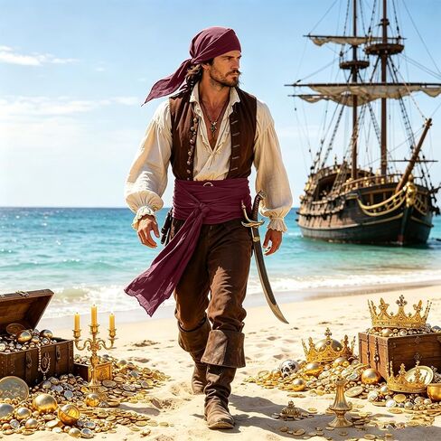 2 Pieces Halloween Pirate Costume Accessories Men Women Hat Head Scarf Bandana Sash Belt for Renaissance Cosplay in Kuwait