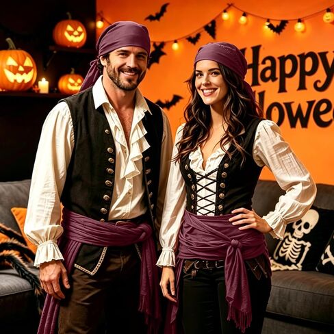 2 Pieces Halloween Pirate Costume Accessories Men Women Hat Head Scarf Bandana Sash Belt for Renaissance Cosplay in Kuwait