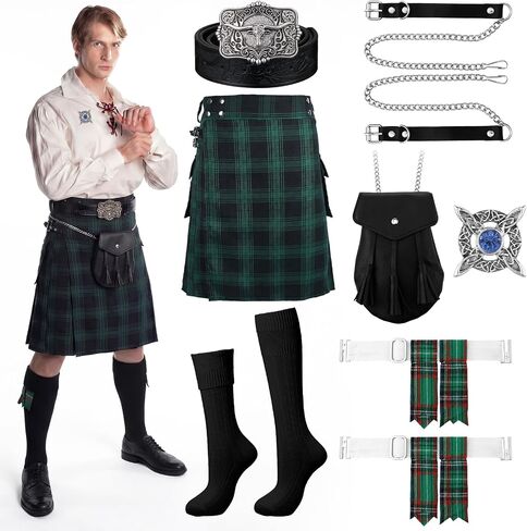 Shihanee 6 Pcs Kilt for Men Traditional Highland Games Tartan Scottish Kilt Set with Flashes Pouch Socks Brooch Costume in Kuwait