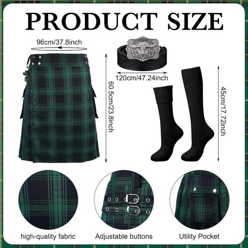 Shihanee 6 Pcs Kilt for Men Traditional Highland Games Tartan Scottish Kilt Set with Flashes Pouch Socks Brooch Costume in Kuwait