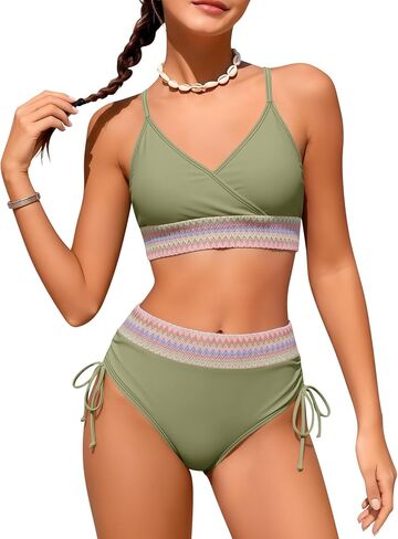 Girls Two Piece Swimsuits Teens Summer Bathing Suits V Neck Bikini Set with Chest Pad Adjustable Strap for 7-16Y in Saudi Arabia