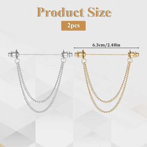 2 PCS Collar Pins for Men, Double Brooch for Men Bar Tassel Brooch Classic Ball Head Necktie Tie Clips Link Chain for Shirts Suit Wedding Business Decor, Gold & Silver in Kuwait