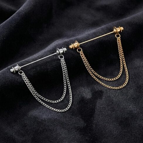 2 PCS Collar Pins for Men, Double Brooch for Men Bar Tassel Brooch Classic Ball Head Necktie Tie Clips Link Chain for Shirts Suit Wedding Business Decor, Gold & Silver in Kuwait