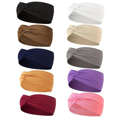 10 Pcs Wide Absorbent Sport Headbands for Women, Non-slip, Stretchy, Soft Cotton Twist Knotted Hair Bands for Daily Workout Yoga Running Sports, AD in Saudi Arabia