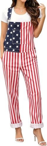 WORK IDEA Women's American Flag Overalls - 250th Anniversary Patriotic USA Stretch Cotton Bibs 4th of July in Saudi Arabia