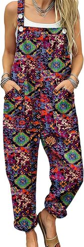 YESNO Women's Overalls Cotton Boho Casual Floral Bib Jumpsuit Summer Baggy Adjustable Strap Romper with Pockets PVV in Kuwait