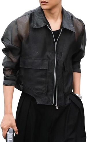 Men's Casual Cropped Jacket Summer Long Sleeve Mesh See Through Lightweight Thin Jacket Clubwear in Saudi Arabia