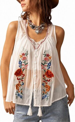 Womens Boho Floral Embroidered Tops Tie Front Blouse Sheer Flowy Vest Top Summer Button Down 2026 Crop Fashion Blouses in Saudi Arabia