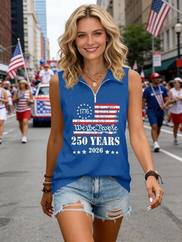 ELDPS USA تانك القمم المرأة 4th من يوليو بلا أكمام وطني تي شيرت العلم الأمريكي جرافيك الصيف القمم مع سحاب in Kuwait