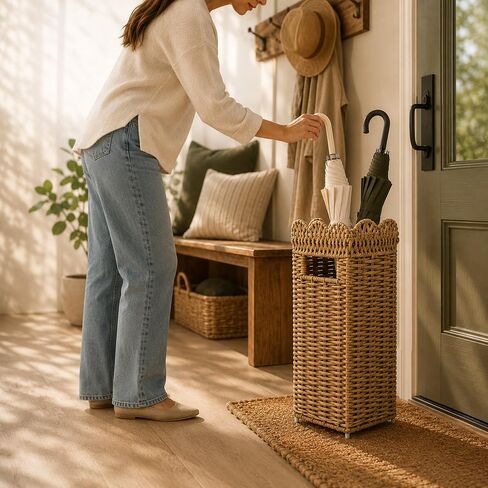 AceList Woven Umbrella Holder for Entryway, Rattan Umbrella Stand for Indoor Foyer with Removable Drip Tray, Scalloped Cane Holder Basket for Walking Sticks & Front Door, Farmhouse Decor, 16.5" Tall in Kuwait