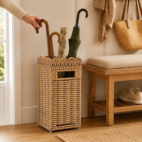 AceList Woven Umbrella Holder for Entryway, Rattan Umbrella Stand for Indoor Foyer with Removable Drip Tray, Scalloped Cane Holder Basket for Walking Sticks & Front Door, Farmhouse Decor, 16.5" Tall in Kuwait